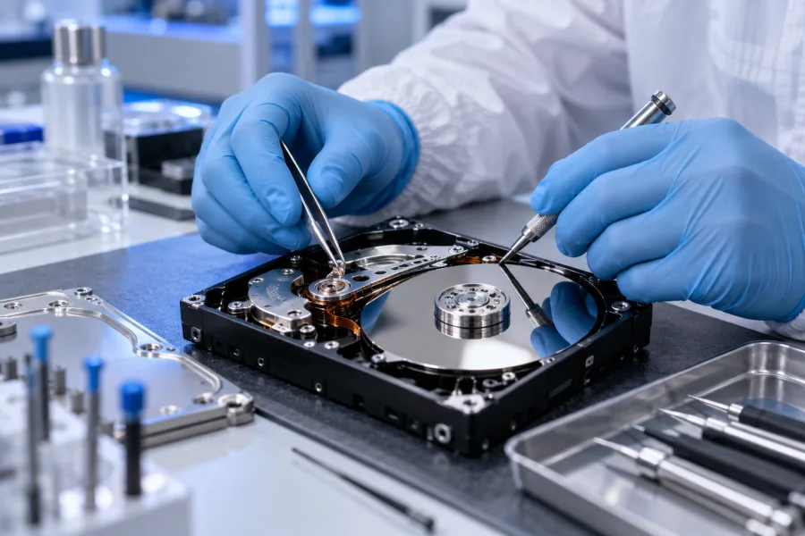 Technician working on a hard drive for data recovery