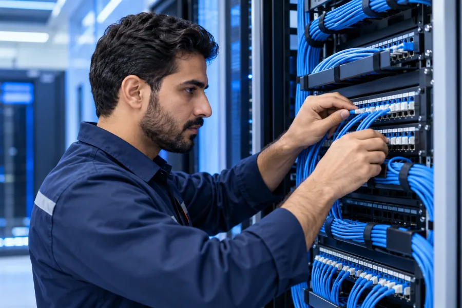 Technician installing structured network cabling