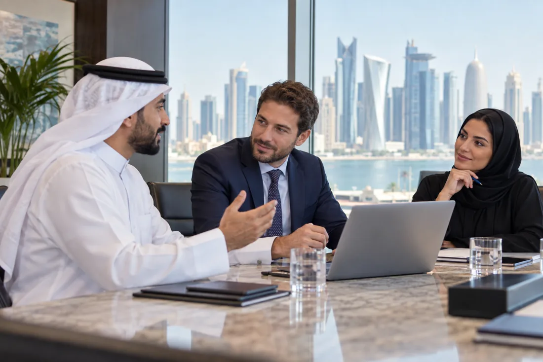 Business and IT professionals discussing technology plans